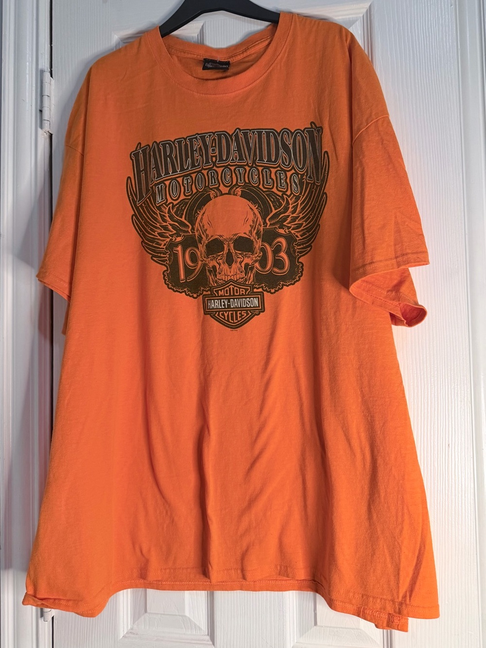Harley-Davidson Orange Short Sleeve Tee with Skull Wing Graphic